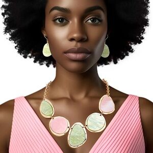 Aka Marbled Pink Green Gold Chain Necklace With Earrings For Women